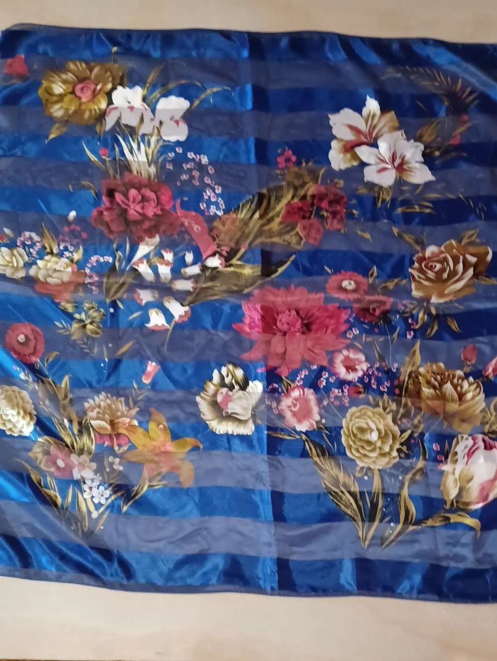 Vintage Floral Striped Square Scarf Blue Chiffon Satin 39×39 Grandma-Core